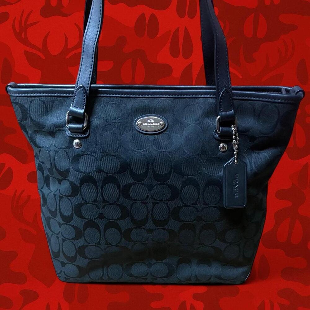 Coach Signature Canvas Zip Top Tote Bag Black Monogram Y2K